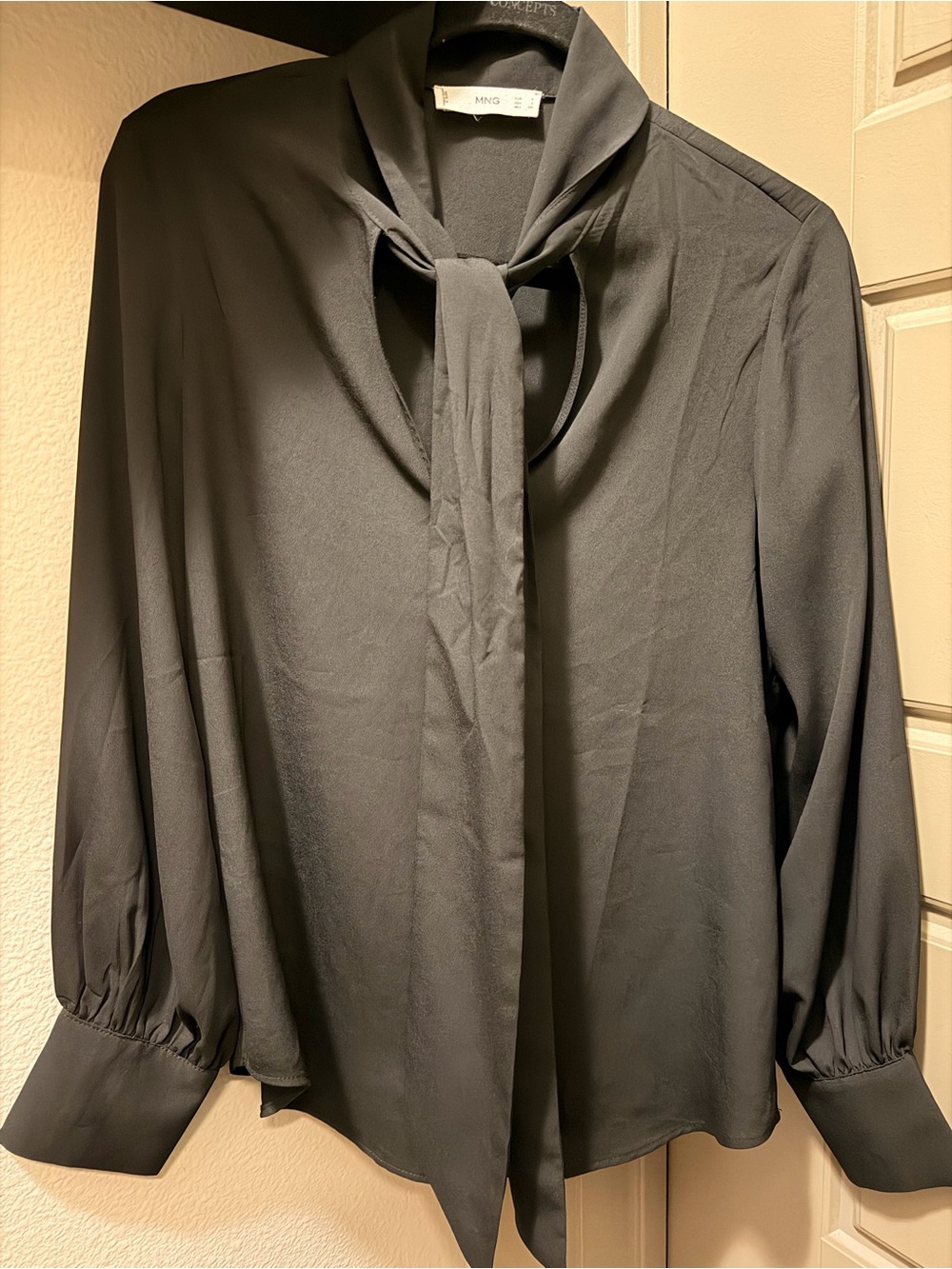 Mango Tie-Neck Black Blouse - Women's Long-Sleeve Blouse - Picture 2 of 5